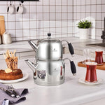 Load image into Gallery viewer, Karaca Stella Stainless Steel Turkish Teapot Set XL, 1L Tea Pot &amp; 2L Water Tank (Kettle), Stove Top/Induction Compatible, Elegant Silver Color, Easy to Clean, Heat-Resistant Handles