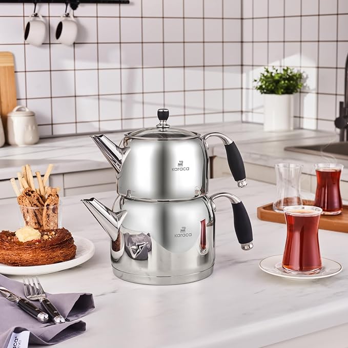 Karaca Stella Stainless Steel Turkish Teapot Set XL, 1L Tea Pot & 2L Water Tank (Kettle), Stove Top/Induction Compatible, Elegant Silver Color, Easy to Clean, Heat-Resistant Handles