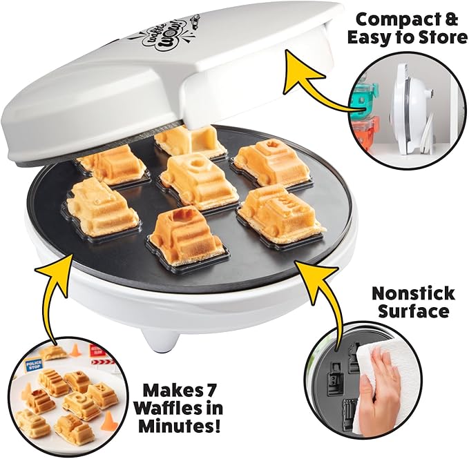 Cars & Trucks Mini Waffle Maker - Make 7 Different Vehicles- Police Car Firetruck Construction Truck & Automobile Shaped Pancakes- Electric Nonstick Iron with Recipe Guide, Fun Kid or Adult Xmas Gift