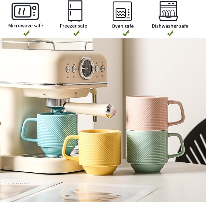 Stackable Coffee Mugs Set: 13 oz Ceramic Stacking Cups for Cappuccino Latte Tea - Microwave Safe Mug for Home & Office - 4 PCS, Light Color