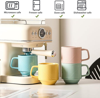 Stackable Coffee Mugs Set: 13 oz Ceramic Stacking Cups for Cappuccino Latte Tea - Microwave Safe Mug for Home & Office - 4 PCS, Light Color