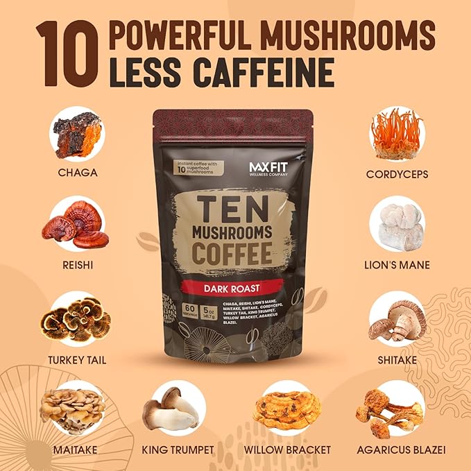 Instant Mushroom Coffee Dark Roast (60 Servings) With 10 Mushrooms (Lions Mane, Cordyceps, Turkey Tail & Other) Mixed With Gourmet 100% Arabica Instant Coffee for Focus & Gut Health Support