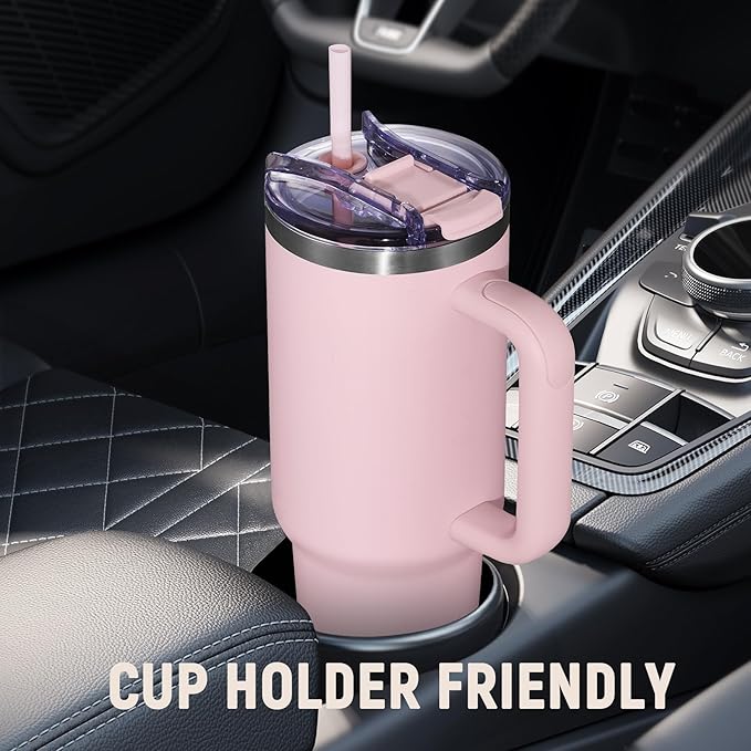 COKTIK 40 oz Tumbler With Handle and Straw Lid, Vacuum Insulated Travel Coffee Mug Stainless Steel Insulated Cup for Beverages, Leak-proof, Cupholder Friendly (Blush)
