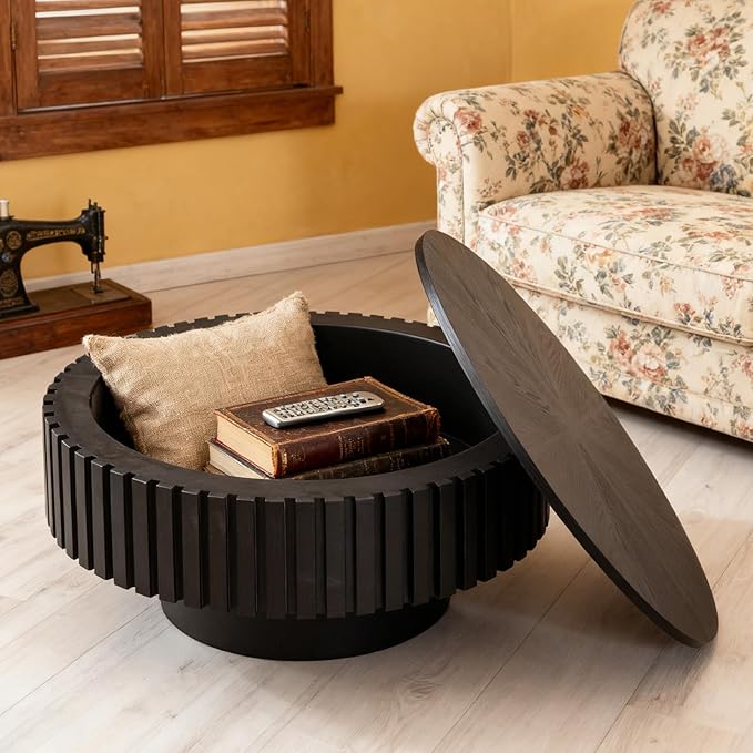 Round Coffee Table with Storage 31.4" Modern Black Fluted Coffee Table Low Round Storage Drum Pedestal Coffee Tables for Living Room Farmhouse (Black A 31.4in)