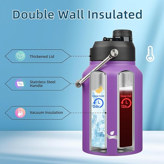 Half Gallon Jug with Handle,64 oz Insulated Water Bottle with Carrying Pouch,Double Wall Vacuum Stainless Steel Metal Bottle,Purple