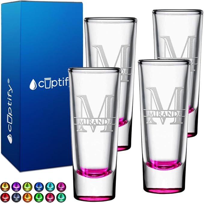 Personalized Shot Glasses Set of 4 Pink Bottom Custom 2 oz Cordial Shot Glass Initial and Name for Gifts, Weddings, Birthdays, Party, Event, Decorations