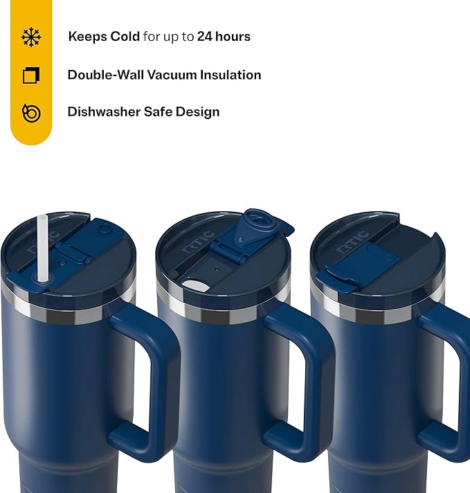 RTIC 40 oz Road Trip Tumbler Double-Walled Insulated Stainless Steel Portable Travel Coffee Mug Cup with Lid, Handle and Straw, Ceramic-Lined, Navy