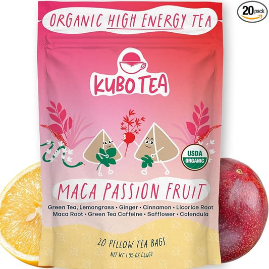 High Caffeine Tea (140 mg) - Kubo Tea: Organic Maca Passion Fruit Green Tea Bags for Clean Energy & Focus | Healthy Coffee Substitute | Maca Root Blend | 20 Ct | Compostable Packaging