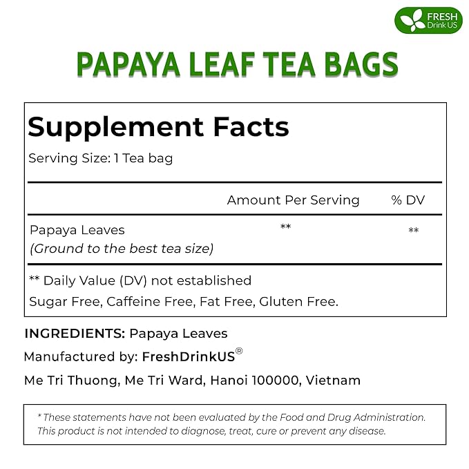 FreshDrinkUS, Premium 75 Papaya Leaf Tea Bags, 100% Natural & Pure from Papaya Leaves. Loose Leaf Herbal Tea. Made with Natural Material Tea Bags. No Sugar, No Caffeine, No Gluten, Vegan.