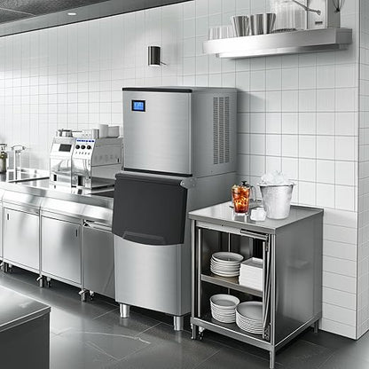 Large Commercial Ice Maker Machine: 500lbs/24H Production, with 350lbs Ice Storage Bucket, 156 Ice Cubes in 6-15 Mins - Stainless Steel Industrial Ice Maker for Restaurant, Bar, Cafe, Commercial Use