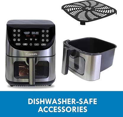 Kenmore 8 Quart Air Fryer - Aerogrill, Non-Stick Frying Basket, French Fry, Digital Touch Screen, 12 Presets, Freidora Eléctrica, Countertop Cooking Kitchen Appliance, Stainless Steel, Black