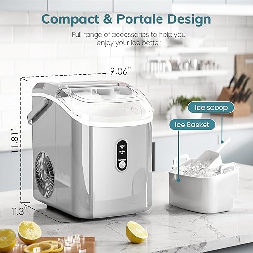 Antarctic Star Countertop Ice Maker with Soft Chewable Pellet Ice, 34lbs/24Hrs, One-Click Operation, Self-Cleaning Portable Peddle Ice Machine with Ice Scoop for Kitchen,Office,Bar,RV (Grey)