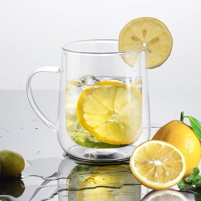 Joeyan Clear Double Walled Glass Coffee Mugs, Double Layer Tea Latte Cappuccino Cups with Handle, Double Lined Insulated High Borosilicate Glassware for Milk and Other Hot Beverages, 13.5 oz, Set of 2