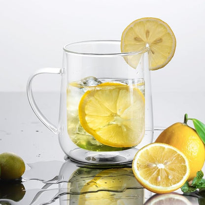 Joeyan Clear Double Walled Glass Coffee Mugs, Double Layer Tea Latte Cappuccino Cups with Handle, Double Lined Insulated High Borosilicate Glassware for Milk and Other Hot Beverages, 13.5 oz, Set of 2