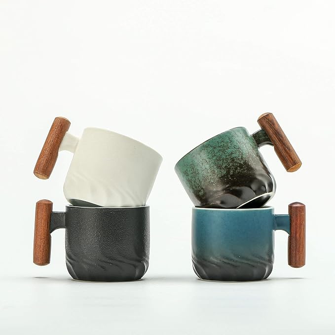 2 oz Ceramic Espresso Cups with Wooden Handle Espresso Cups Set of 2, Small Tea Cups