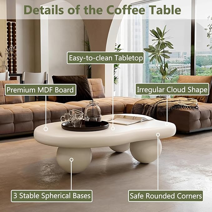 Cloud Coffee Table for Living Room with Round Corners Modern Style Center Table with 3 Ball-Shaped Legs Wood Tea Table for Small Space Apartment Easy Assembly (White W48 * D36 * H14inch)
