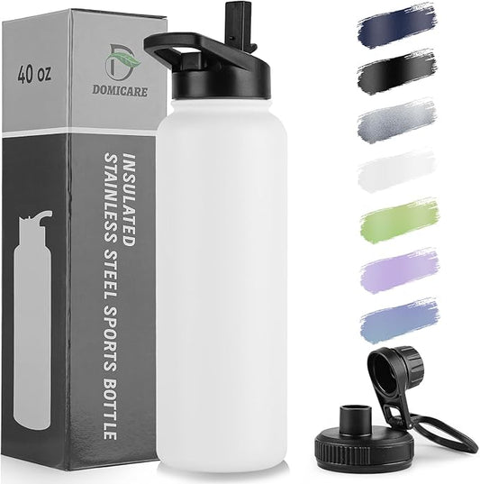 DOMICARE 40 oz Insulated Water Bottle, Vacuum Insulated Stainless Steel Sports Water Bottle with Straw Lid & Spout Lid, Leakproof, Reusable - Travel, Camping, Bike, White