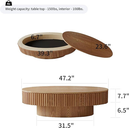 47 Inch Oval Drum Coffee Table with Storage, Handcraft Fluted Drum Coffee Table, Modern Wooden Oval Cocktail Tea Table Center Table with Sturdy Pedestal for Living Room Apartment (Natural)