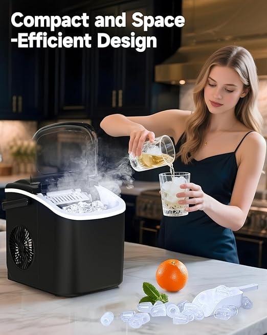 Countertop Ice Maker with Handle,26lbs/24H Bullet Ice Machine, 9 Ice Cubes Ready in 6 Mins,Self-Cleaning Sonic Ice Maker with Basket & Scoop,for Home/Office/Kitchen/RV/Party