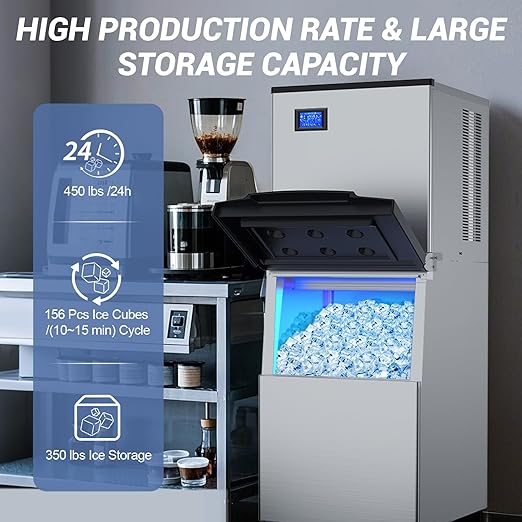Ice Maker Commercial Ice Machine Large Capacity Stainless Steel 450 Lbs/24H Industrial Ice Machine, 350 Lbs Storage Commercial Ice Machines Free Standing, Cubes Ice Makers Commercial