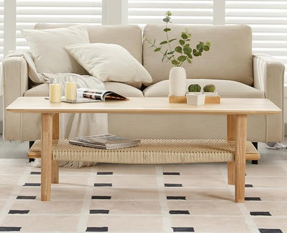 chairus Farmhouse Coffee Table Rectangular Living Room Table with Rattan Storage Solid Wood Center Table for Apartment, Home, Office, Natural