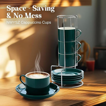 5 Ounce Green Porcelain Stackable Espresso Cups with Stainless Steel Holder, Set of 4, Durable Ceramic, Perfect for Home, Office or Gift