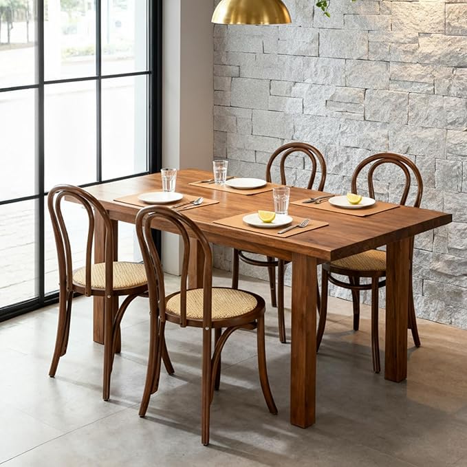 Kmax Vintage Dining Chairs Set of 4, Thonet Soild Wood Rattan Dining Room Chairs Armless French Country Kitchen Chairs for Wedding Hotel Dessert Shop Cafe, Walnut