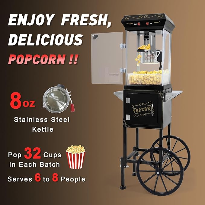 8OZ Popcorn Machine with Cart & Wheels 丨 Stainless Steel Kettle Popcorn Maker Machine for Home, Theater, Parties丨 Grade Electric Popper, Black