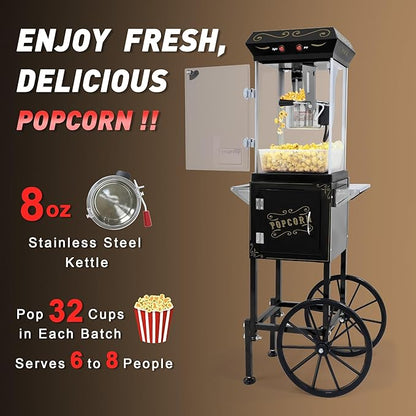 8OZ Popcorn Machine with Cart & Wheels 丨 Stainless Steel Kettle Popcorn Maker Machine for Home, Theater, Parties丨 Grade Electric Popper, Black