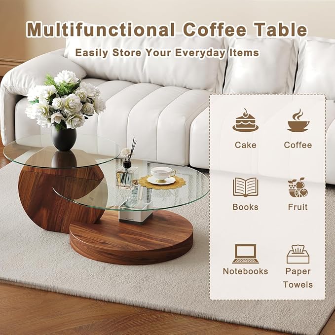 42 Inch Glass Coffee Table，Round Coffee Table with 2-Tier Tempered Glass Tabletop，Easy to Clean Circle Coffee Table with Sturdy Base for Living Room，Office (Dark Walnut-Colored Base)