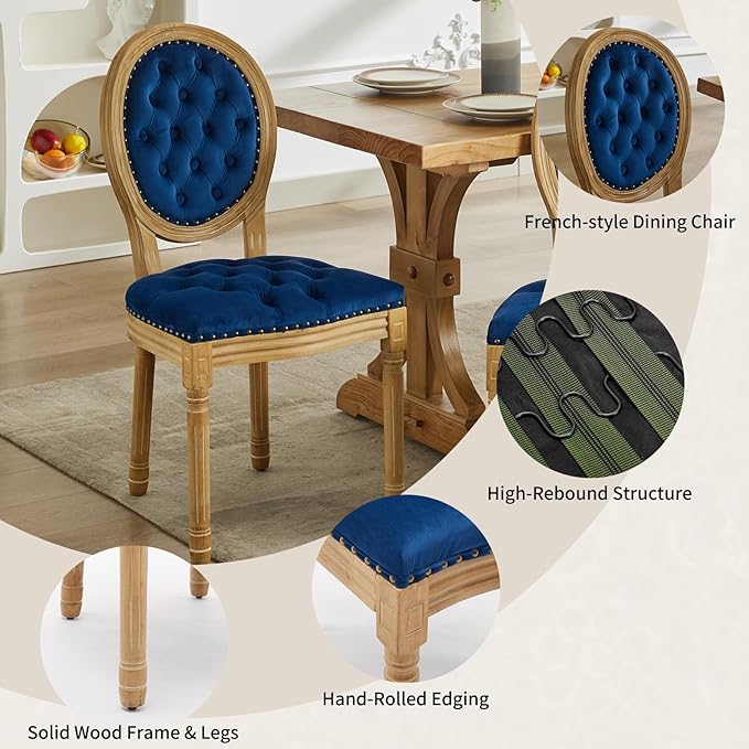 Vintage French Country Dining Room Chairs Set of 8, Velvet Dining Chairs with Solid Wood Legs, Blue Upholstered Dining Chair, Sillas para Comedor, Kitchen & Dining Room Chair (Blue, Velvet, 8Pcs)