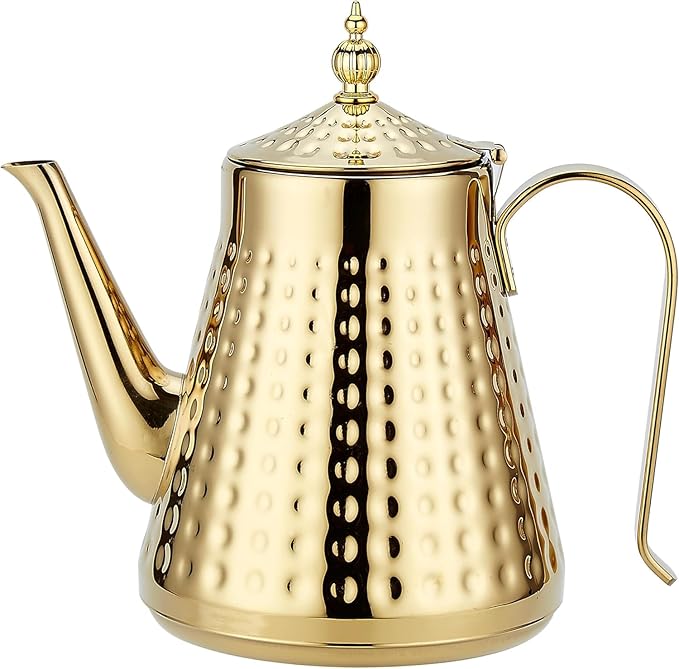SANQIAHOME 1.6L(54oz) Stainless Steel Hammer Patterned Teapot With Removeable Infuser,Loose leaf cover,Gold