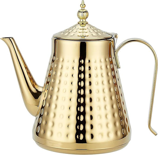 SANQIAHOME 1.6L(54oz) Stainless Steel Hammer Patterned Teapot With Removeable Infuser,Loose leaf cover,Gold