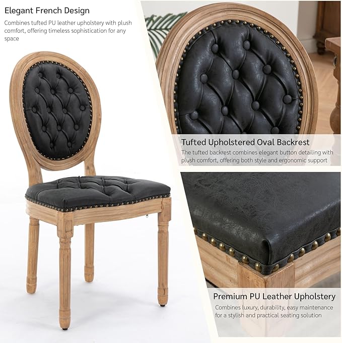 French Country Dining Chairs Set of 2, Vintage Wooden Dining Chairs with PU Leather Upholstered Tufted Seat,Solid Wood Legs&Frame, Farmhouse Kitchen&Living Room Chairs(Black,2 Pcs)