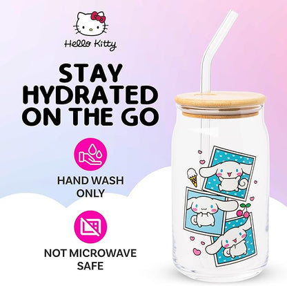 Silver Buffalo Sanrio Hello Kitty and Friends Cinnamoroll Polaroids Glass Jar Tumbler with Bamboo Lid and Glass Straw, 16 Ounces