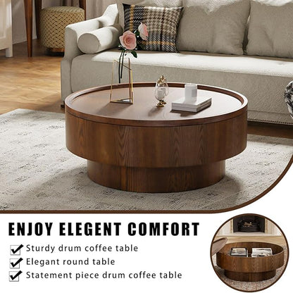 Storage Coffee Table, Handcraft Round Coffee Table with Hidden Storage Removable Top, Modern Solid Wood Veneered Circle Center Table with Sturdy Pedestal for Living Room 、Easy Assembly