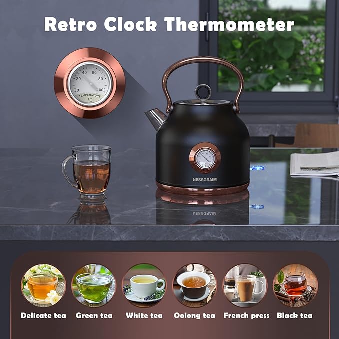 Retro Electric Kettle, 1.7L Stainless Steel Tea Kettle with Large Temperature Gauge, 1500W Fast Heating Hot Water Boiler with LED Indicator, Auto Shut-off & Boil-Dry Protection-Reteo Black