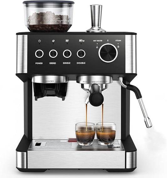 (2025 Upgrade)20 Bar Espresso Machine with Built-in Anti-Clog Coffee Grinder, Expresso Coffee Machines with Milk Steam Wand/Frother/Tamping Tools,Espresso Maker with Grinder for Lattes-Charcoal