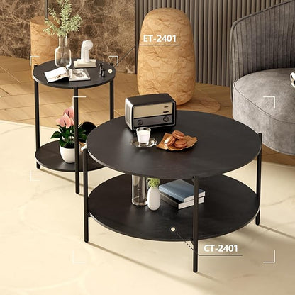 Round Side Table, 2-Tier Circle End Tables with Storage Wood Rustic Small End Tables Farmhouse Side Table for Living Room Bedroom Balcony Small Spaces