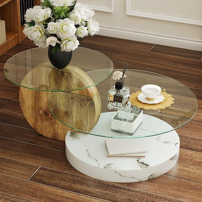 42 Inch Glass Coffee Table，Round Coffee Table with 2-Tier Tempered Glass Tabletop，Easy to Clean Circle Coffee Table with Sturdy Base for Living Room，Office （Brown & White Marble Colored Base）