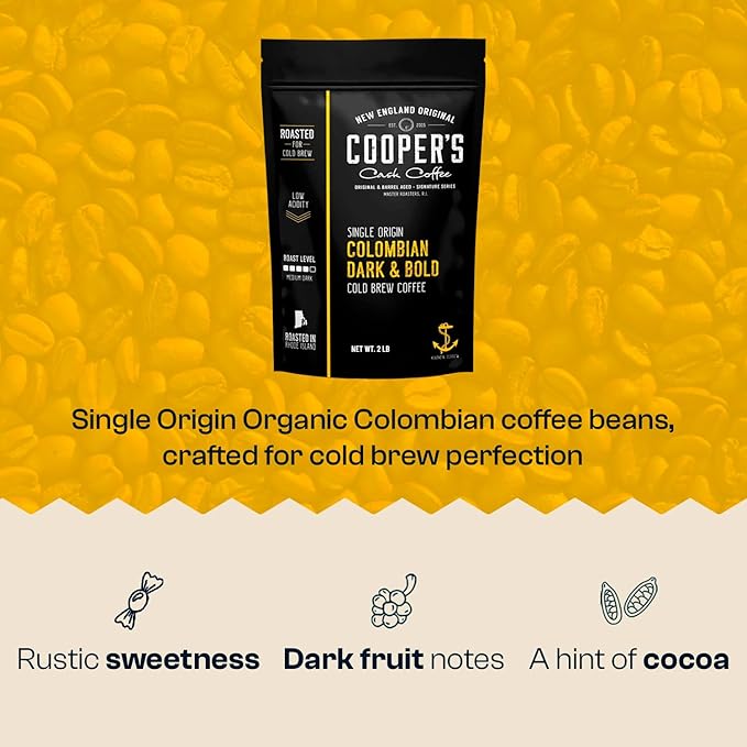 Colombian Dark Roast, Single Origin, Gourmet Organic Cold Brew Coffee Beans, Smooth Taste of Cocoa with Light Fruited Flavors, Cold Brew Coffee Grounds, 2 lb Coffee Bag