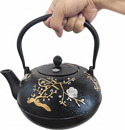 Cast Iron Teapot SECHUDO Teapot for Stovetop Safe Coated with Enameled Interior,Japanese Beautiful Tea Kettle with Stainless Steel Infuser for Loose Tea (60.9oz Plum Blossoms and Bird Pattern)