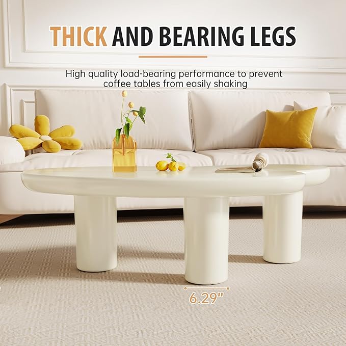 Cloud Coffee Table, 42.24" Irregular Cream White Coffee Table with 3 Legs, Modern Center Table for Living Room, Indoor Tea Table, Easy Assembly