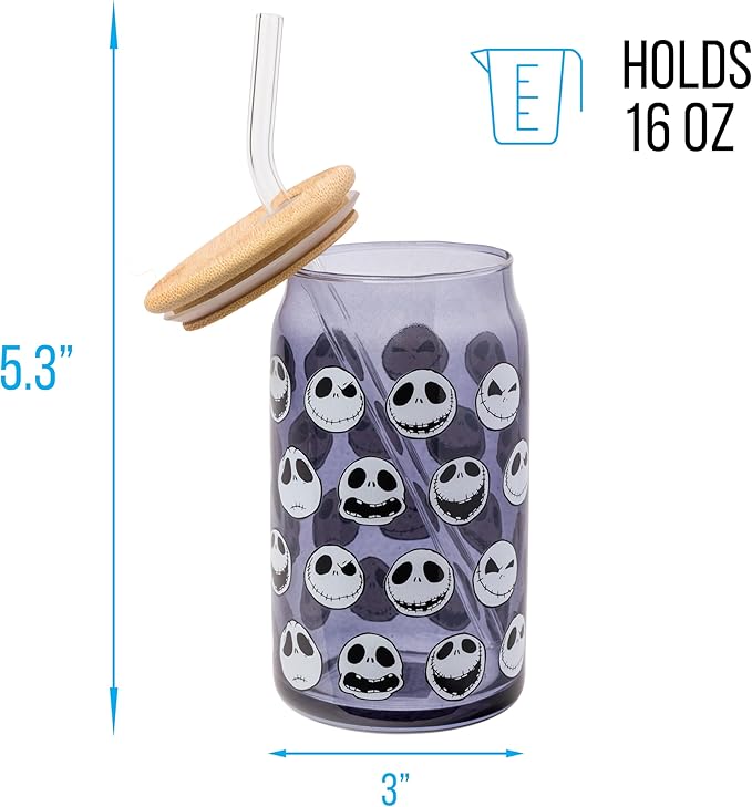 Silver Buffalo Disney Tim Burton Nightmare Before Christmas Jack Skellington Expressions Gray Glass Jar Tumbler with Bamboo Lid and Glass Straw, 16 Ounces