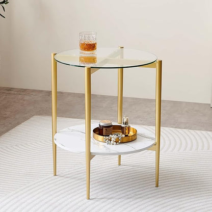 Round Glass End Table, Mid-Century Modern Design Sofa Table for Living Room, D18 x H23 in, 2-Tier Structure, Clear Glass Top and White Marble Shelf, Sleek Conical Legs with Gold Finish Frame