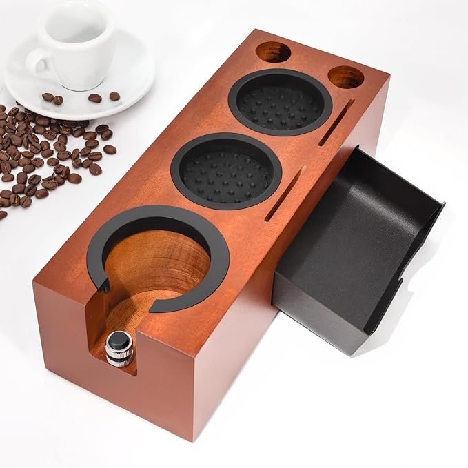 Espresso Tamping Station 8 in 1 Red Rosewood Multifunctional Coffee Organizer with Stainless Steel Drawer Fits 51, 54, 58mm Espresso Tamper, Portafilter, Distributor & Puck Screen Espresso Accessories
