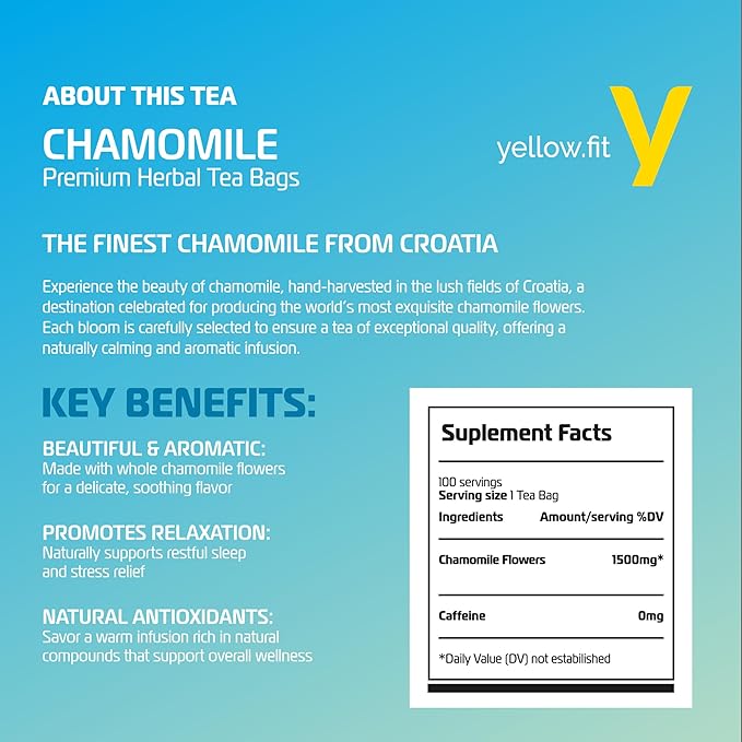 Chamomile Tea Bags – 100% Whole Chamomile Flower, Handpicked in Croatia, 1500mg per Bag, Biodegradable Pyramid Bags, Caffeine-Free, Calming Tea, Floral Aroma, 100 Count