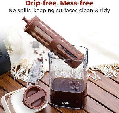 IKAPE 33.8oz Cold Brew Coffee Maker with Removable Filter, Leak-proof Spout for Iced Coffee, Tea & Flavored Drinks, Space Saving Tritan Pitcher (Brown)