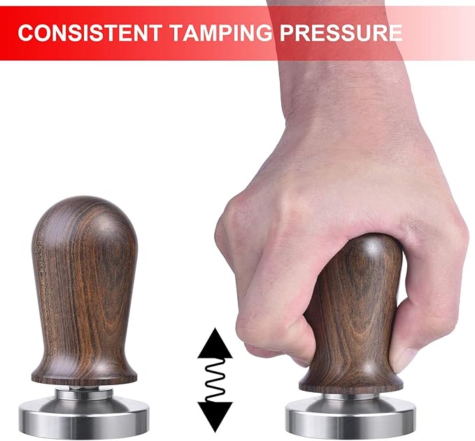 53mm Calibrated Espresso Tamper, Calibrated Coffee Tamper with Spring Loaded Wooden Handle Stainless Steel Flat Base, Professional Barista Espresso Hand Tamper