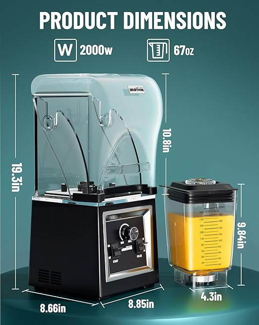Wantjoin Professional Grade Blender - Soundproof & Quiet Commercial Blenders, Removable Shield, 2000W Watte, 67 Oz Capacity - and Frozen Drinks(Black)